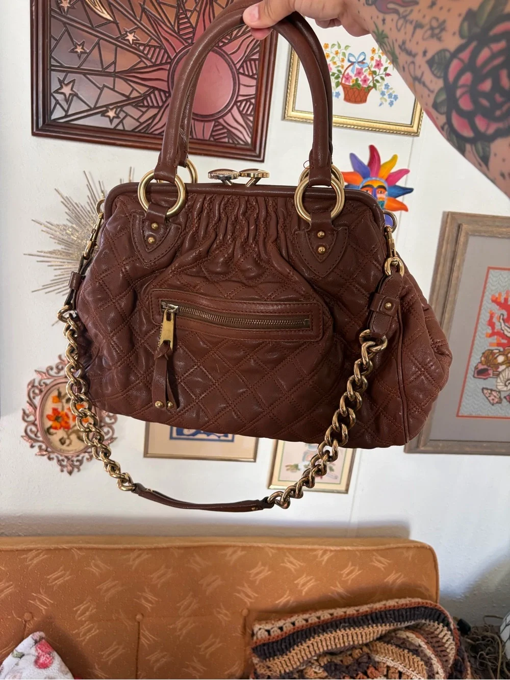 Marc Jacobs Stam Purse Satchel Frame Handbag Brown Quilted Leather Chain Strap